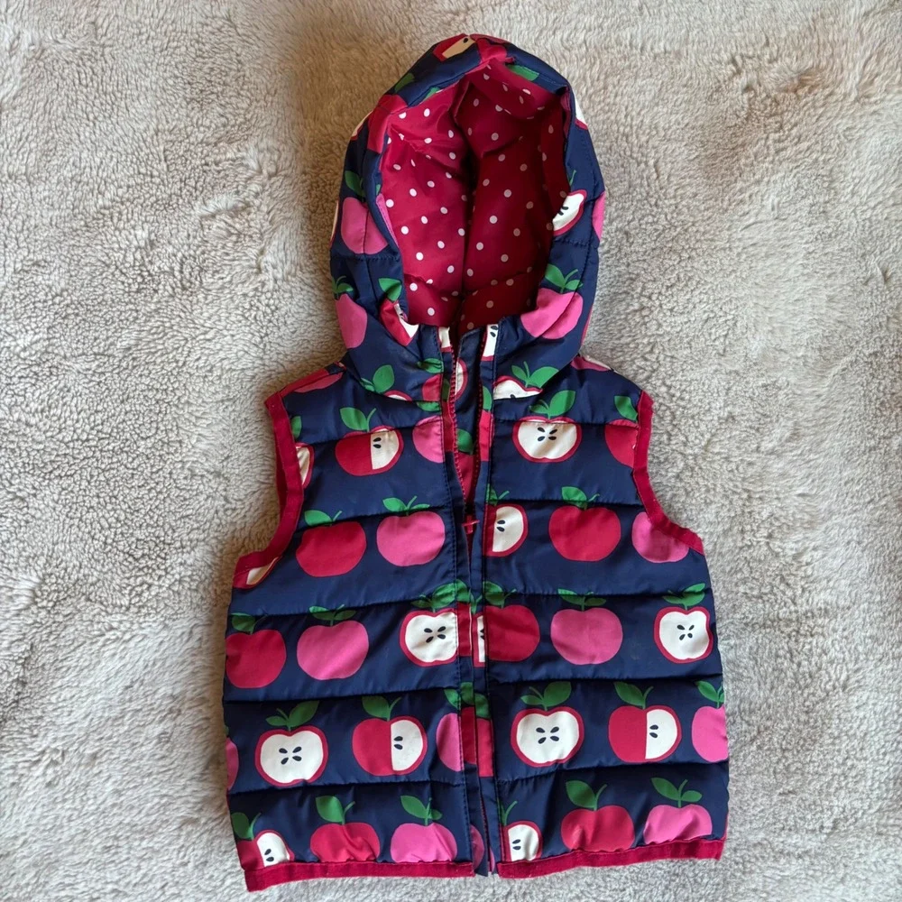 Gymboree Puffer‎ Vest Girls 18-24m Navy Blue Candy Apple Print Hooded Zip